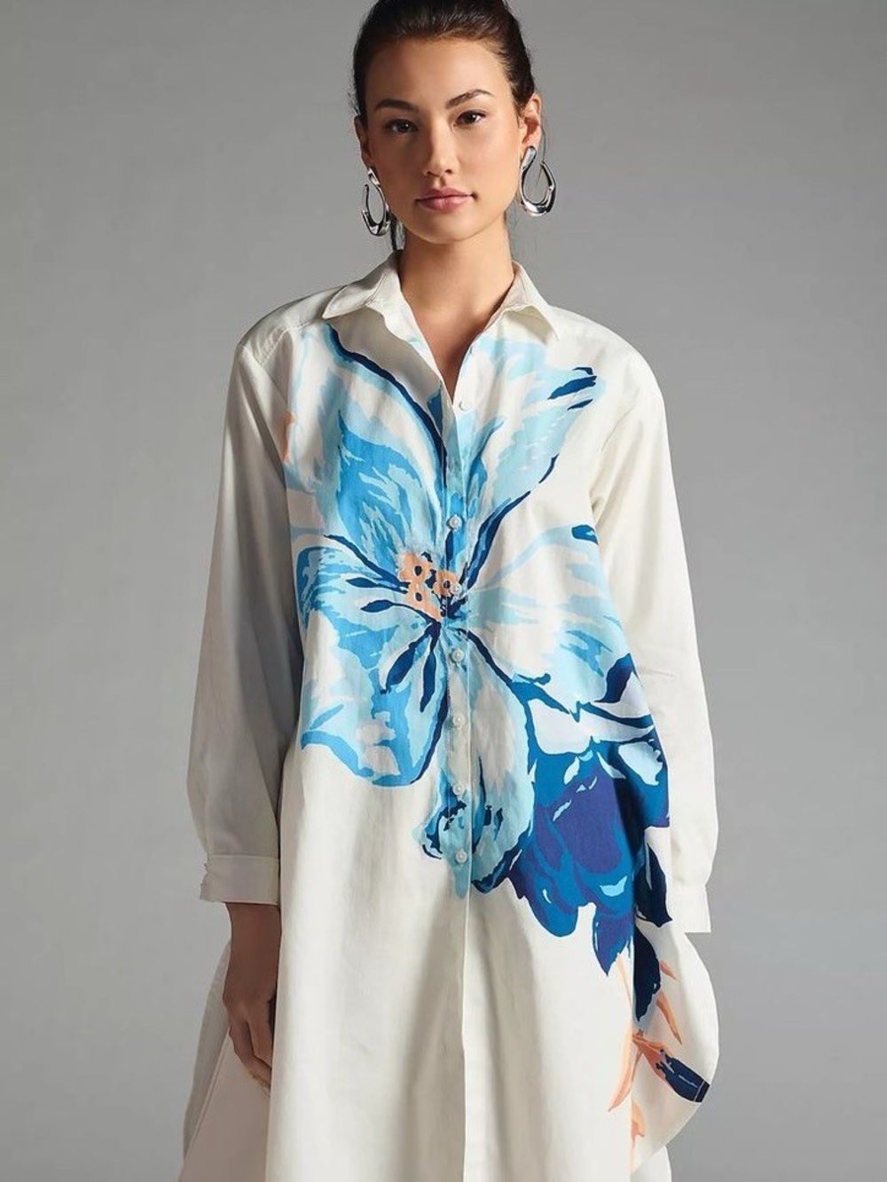 Maeve Blue and White Floral-Print Tunic Shirtdress